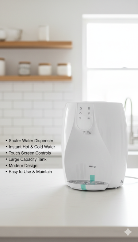 موزّع مياه Sauter 💧✨ مياه ساخنة وباردة فورًا بلمسة واحدة مع شاشة تحكم تعمل باللمس 👌 سعة كبيرة، تصميم عصري، وسهولة استخدام وتنظيف… راحة يومية لمطبخك 🔥💙