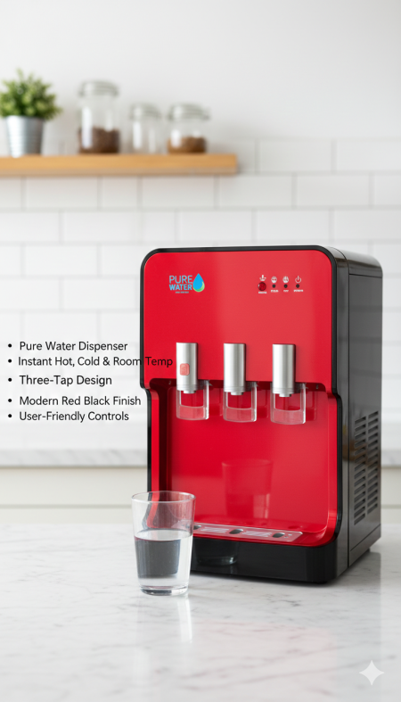 موزّع مياه Pure Water ❤️💧 مياه ساخنة، باردة وبدرجة حرارة الغرفة بثلاث حنفيات عملية 👌 تصميم أحمر أسود عصري وتحكم سهل الاستخدام… أناقة وأداء في جهاز واحد 🔥✨