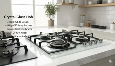 غاز Crystal Glass Hob 🔥✨ تصميم زجاج أبيض عصري مع 4 شعلات عالية الكفاءة لطهي أسرع وأقوى 👌 حوامل حديد متينة، مقابض أنيقة وسطح سهل التنظيف… أناقة وأداء في مطبخك 💎🍳