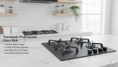 غاز Normande Professional 🔥🖤 تصميم زجاج أسود عصري مع 4 شعلات عالية الكفاءة لأداء قوي وسريع 👌 حوامل حديد متينة وسطح سهل التنظيف… فخامة وتحكم احترافي لمطبخك ✨🍳