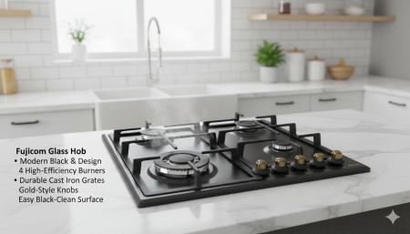 غاز Fujicom Glass Hob 🔥🖤 تصميم زجاج أسود فاخر مع 4 شعلات عالية الكفاءة لأداء قوي وسريع 👌 حوامل حديد متينة ومقابض ذهبية أنيقة… لمسة فخامة وتحكم مثالي في كل طبخة ✨🍳