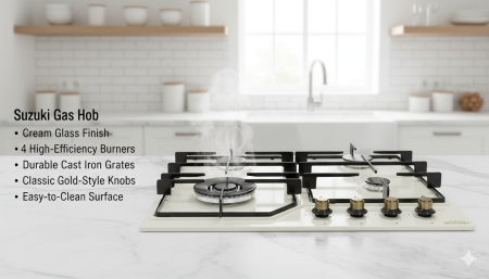 غاز Suzuki 🔥🤍 تصميم زجاج كريمي أنيق مع 4 شعلات عالية الكفاءة لطهي أسرع وأقوى 👌 حوامل حديد متينة ومقابض ذهبية كلاسيكية… فخامة ولمسة عصرية لكل مطبخ ✨🍳