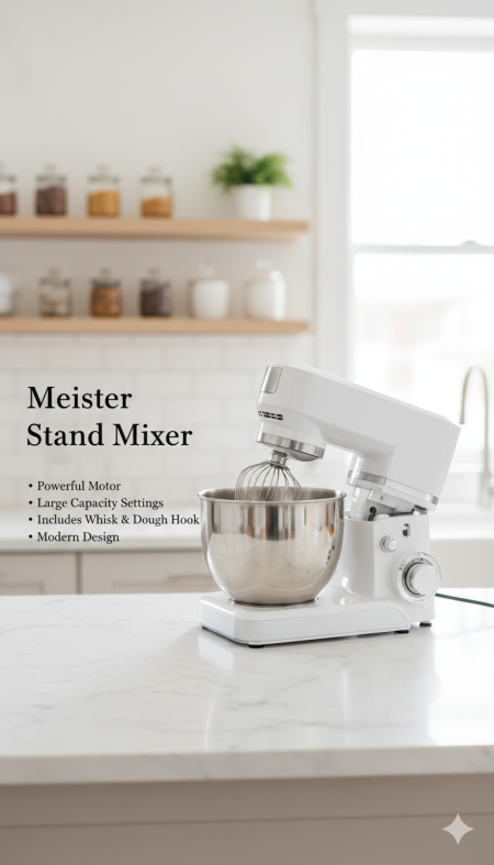 عجانة Meister Stand Mixer 🤍🥣 محرك قوي وسعة كبيرة لتحضير العجين والكيك بكل سهولة 👌 يأتي مع مضرب وخطاف عجن، تصميم عصري وأداء احترافي… مساعدك المثالي لكل وصفة 🍰✨