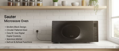 مايكرويف Sauter الأسود 🖤🔥 تصميم عصري بباب بنقشة دائرية مميزة ولمسة فخامة لكل مطبخ 👌 تحكم رقمي سهل، سعة داخلية واسعة مع وظائف إذابة وتَسخين… أداء عملي وأناقة في جهاز واحد ✨🍽️