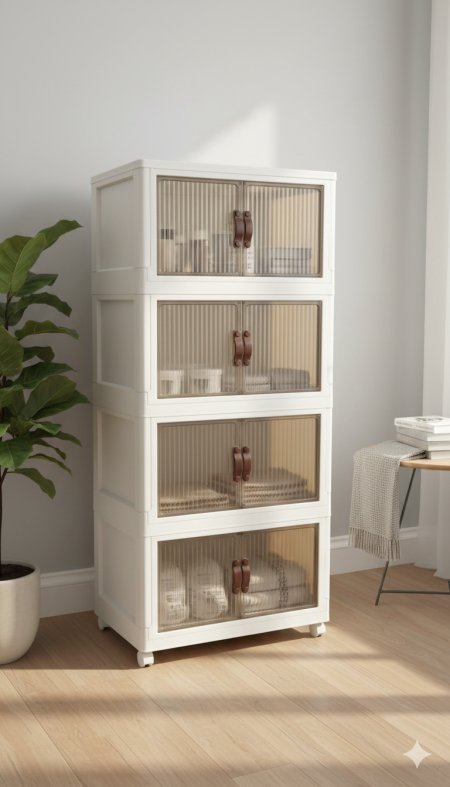 خزانة تخزين 4 طبقات بعجلات تنظيم أنيق وعصري لأي زاوية في البيت 👌 أبواب شفافة بتخليك تشوف المحتوى بسهولة، مع تصميم عملي يوفر مساحة.