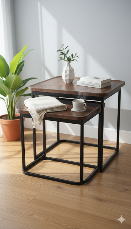 طقم طاولات جانبية مودرن (قطعتين) تصميم أنيق بسطح خشبي وقاعدة معدنية قوية 👌 تقدر تستخدمهم مع بعض أو كل وحدة لحالها حسب المساحة.