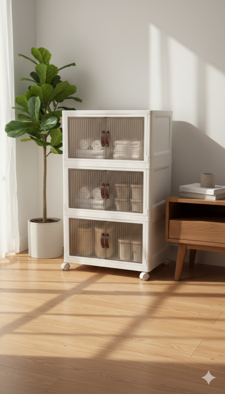 خزانة تخزين 3 طبقات بعجلات ✨ عملية وأنيقة، بأبواب شفافة لتنظيم سهل وواضح. مثالية للمطبخ أو غرفة الغسيل وتوفر مساحة بذكاء 👌