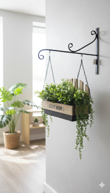 حامل زهور جداري معدني مع صندوق خشبي 🌿 تصميم عصري يضيف لمسة طبيعة وأناقة لأي مساحة ✨