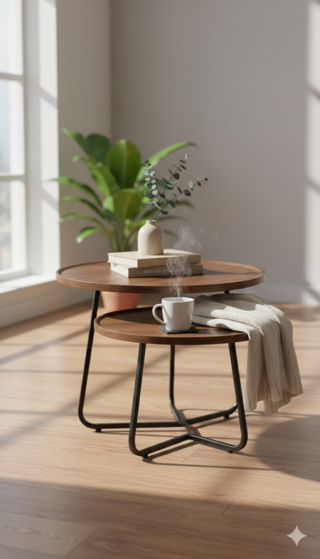 طقم طاولات قهوة جانبية (قطعتين) ☕✨ تصميم عصري بسطح خشبي وقاعدة معدنية أنيقة، عملي ويوفر مساحة لأي غرفة جلوس.