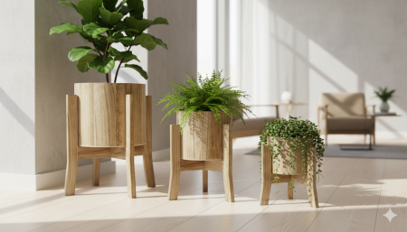 طقم حوامل نباتات خشبية 🌿✨ تصميم طبيعي أنيق يضيف دفء ولمسة عصرية لأي مساحة في البيت.
