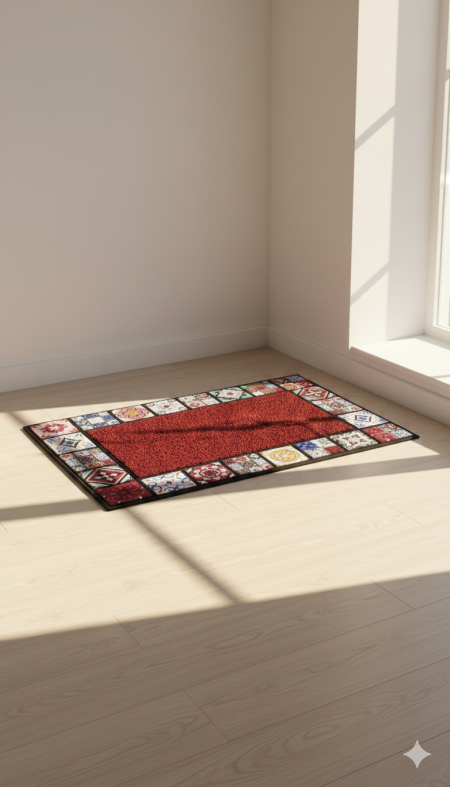 دعّاسة أرضية بتصميم مميز 🎨✨ وسط أحمر أنيق مع إطار نقوش ملوّنة يضيف لمسة دفء وجمال لمدخل بيتك. ثابتة وسهلة التنظيف ومثالية للاستخدام اليومي 👌