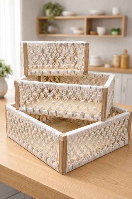 طقم سلة ديكور ثلاثي خشبي بتصميم حبال أنيق 🌿 عملي وخفيف، مثالي للتخزين أو ترتيب الأغراض ويضيف لمسة طبيعية وجمالية لأي مكان في البيت.