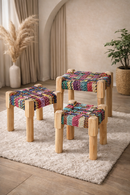 كراسي/طاولات تراثية خشب يدوي مصنوعة من الخشب الطبيعي مع نسج يدوي ملوّن، تعكس روح التراث بلمسة عصرية، عملية وخفيفة وتناسب أي زاوية في البيت 🌿✨