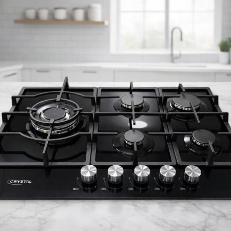 غاز زجاج CRYSTAL 🔥🖤 تصميم أسود فاخر مع 5 شعلات قوية لأداء احترافي في كل طبخة 👌 حوامل حديد متينة ومقابض ستانلس أنيقة… قوة، فخامة وسهولة تنظيف في جهاز واحد ✨🍳
