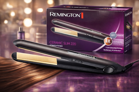 مملّس شعر Remington Ceramic Slim 220 ✨💇‍♀️ نعومة مثالية بفضل ألواح السيراميك وحماية 4X، يسخن حتى 220° لنتائج سريعة ولمعان يدوم. تصفيف أنيق وسهل بكل يوم 💜👌