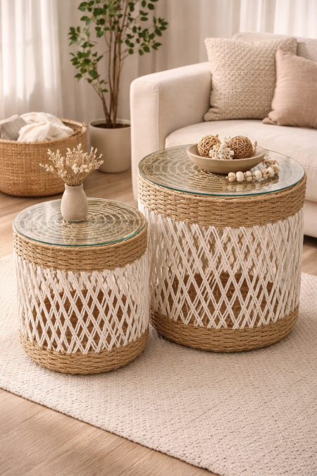 طقم طاولات جانبية رتان مع سطح زجاج تصميم طبيعي بلمسة بوهيمية أنيقة، عملي وخفيف ويضيف دفء وأناقة لغرفة الجلوس أو زاوية القهوة.