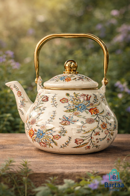 ابريق شاي بتصميم ناعم ومميز، مزخرف بنقوش جميلة مع مقبض ذهبي أنيق. عملي للاستخدام اليومي ويضيف لمسة فخامة ولمسة كلاسيك لمطبخك. 🌸✨
