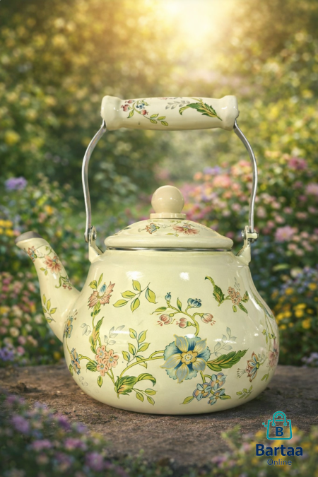 ابريق شاي بتصميم كلاسيكي مزخرف بالورود والطيور، يضيف لمسة جمالية دافئة لمطبخك. عالي الجودة يتحمل الحرارة ويوزّعها بشكل متوازن. مزود بمقبض مريح وآمن وسعة مناسبة للاستخدام اليومي في تحضير الشاي والقهوة. عملي، متين، وجميل في آنٍ واحد.