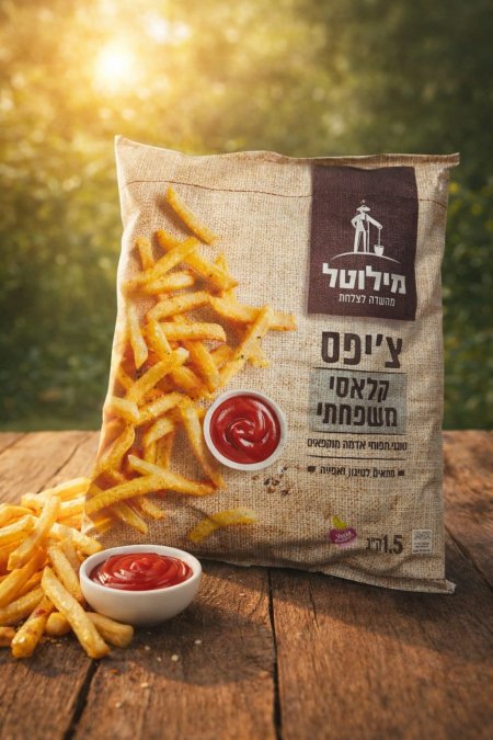 كيس بطاطس مقلية مجمدة (chips) بطعم كلاسيكي مخصص للعائلات من ماركة "ميلوتال" (מילוטל)، بوزن 1.5 كغم. يظهر تصميم العبوة بخلفية خيش ريفية مع صورة للبطاطس المقرمشة بجانب صلصة الكاتشب.