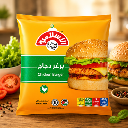 برغر دجاج مجمد بطعم شهي وقوام طري، سهل التحضير ومثالي لوجبات سريعة ولذيذة.