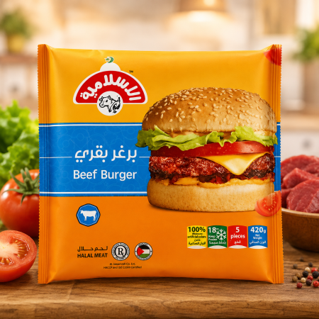برغر بقري مجمد بطعم غني ولذيذ، سهل التحضير ومثالي للوجبات السريعة.