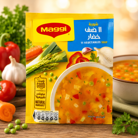 شوربة ماجي 11 خضار بمزيج غني من الخضار الطبيعية، طعم شهي وخفيف لتحضير سريع يمنحك دفئًا ولذة بكل طبق.