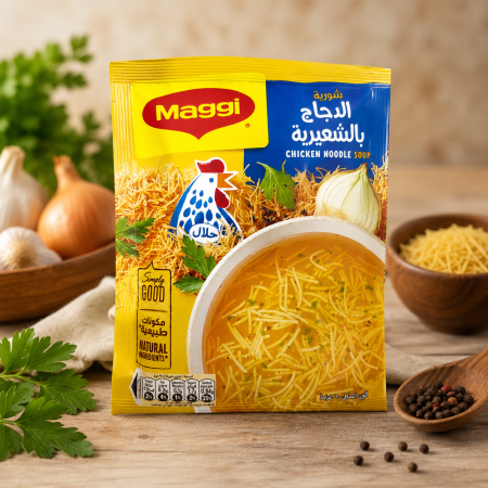 شوربة ماجي بالدجاج والشعيرية، طعم غني وسريع التحضير بمكونات لذيذة تمنحك دفء ونكهة شهية بكل كوب.