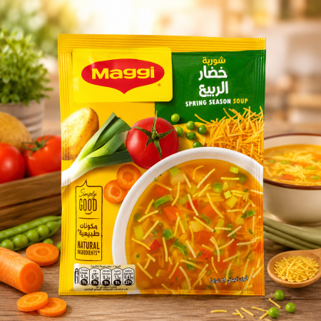 شوربة ماجي خضار الربيع بمزيج شهي من الخضار والشعيرية، نكهة خفيفة ولذيذة لتحضير سريع ووجبة دافئة بكل وقت.